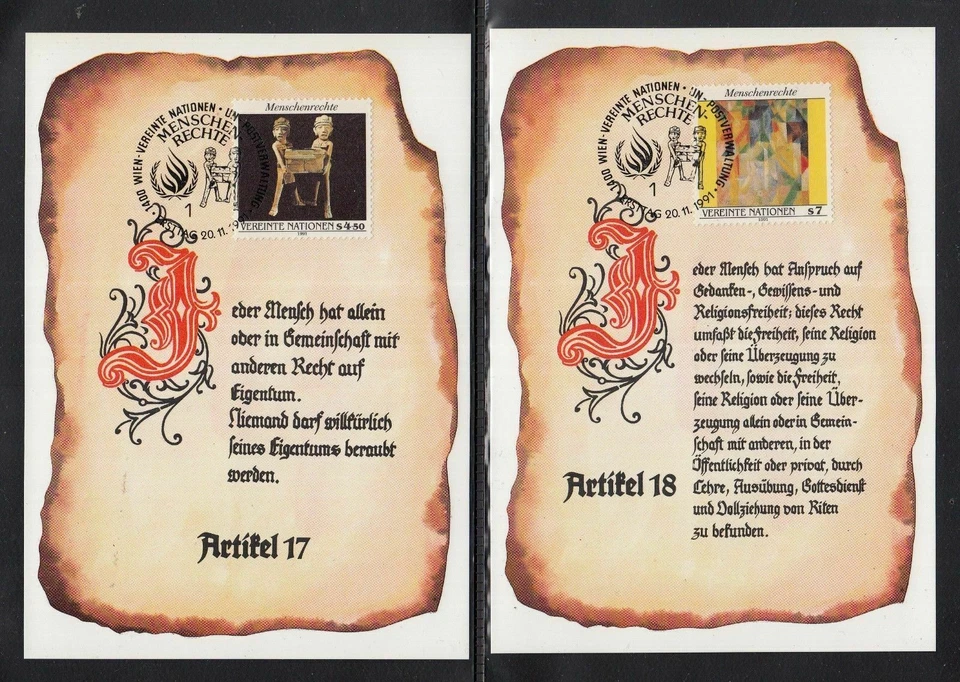 US ) 2 beautiful Maximum Card UN Vienna 1991 - for human rights - Image 1 of 1