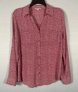 Maurice's Top Womens Med Pink Dot Button Up V-Neck Collared Long Sleeves - Picture 1 of 7