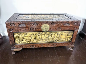 Vintage Chinese Chest Luggage Box Carved Wood Ships Brown 34.5”x18.5”x16.5" - Picture 1 of 11