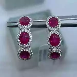 Lab Created Red Ruby 2.10Ct Oval Cut Huggie Hoop Earrings 14K White Gold Plated - Picture 1 of 6
