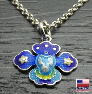 Collar Rolo de plata esterlina esmalte azul flor colgante único dije 18 pulgadas - Imagen 1 de 7
