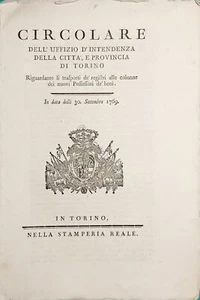 Circolare Uffizio Intendenza città di Torino per trasporti dei registri - 1769 - Bild 1 von 1