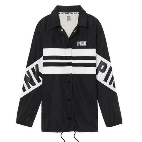 UNDERCOVER Giacca da allenatore Victoria's Secret rosa sherpa foderata con bottoni a scatto logo nero piccola