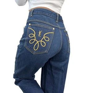 Yves Saint Laurent Vintage YSL Logo Denim Cropped Pants #40 Blue Gold Cotton - Picture 1 of 13