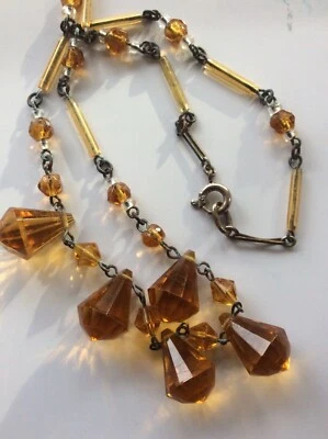 Vintage Antique 1930 Deco Necklace orange amber colour & Clear Glass beads clasp - Image 1 of 4