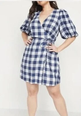 Old Navy Blue Gingham Plaid Linen Blend Wrap Dress Size Large NEW! - Image 1 of 4