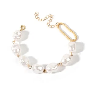 Baroque Bangle Imitation Women Pearl Gold Charm Irregular Metal Bracelet Tassel - Picture 1 of 10