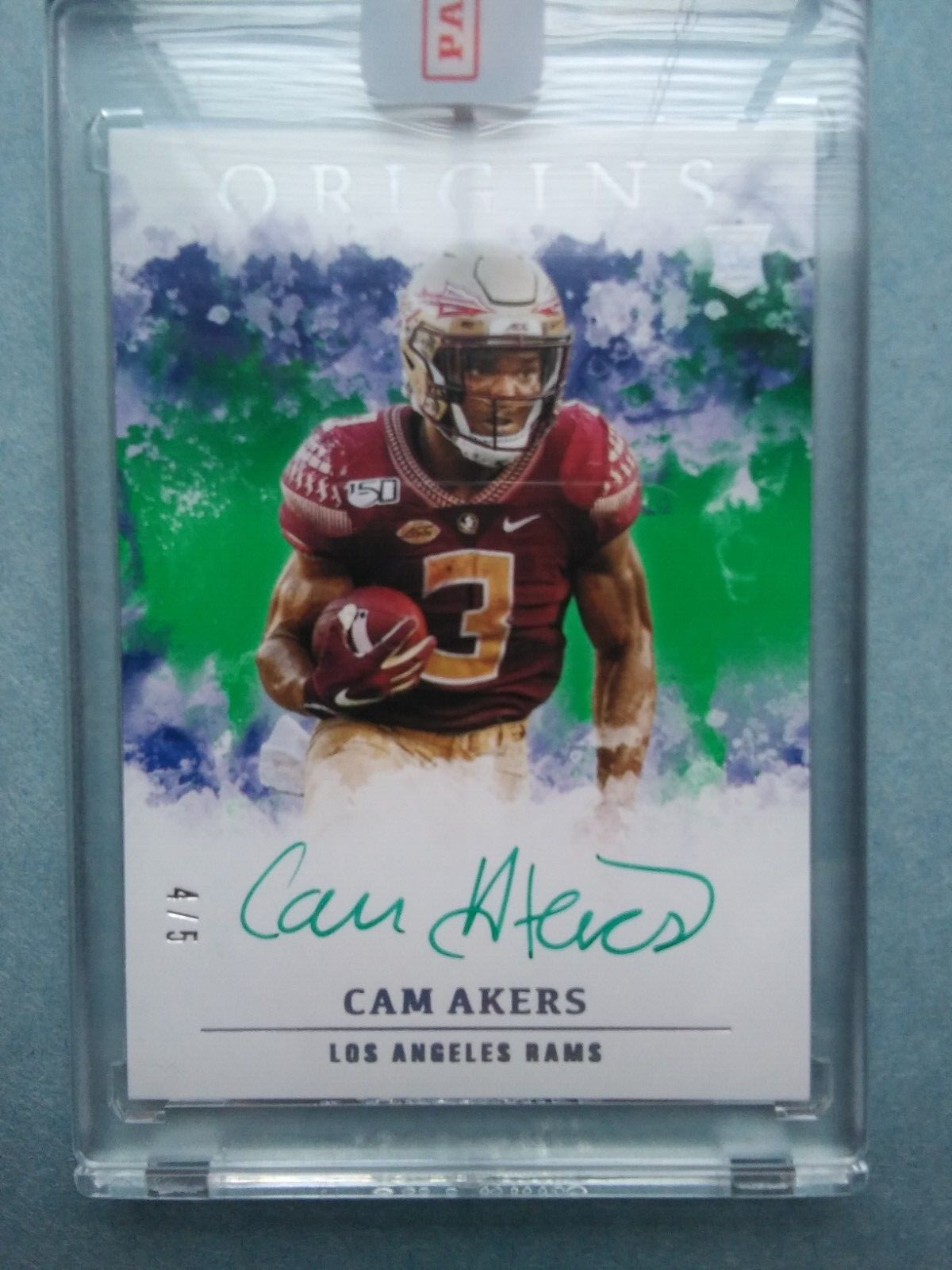2020 Origins Green Encased Rookie On-Card Auto CAM AKERS 4/5 Rams/Florida State