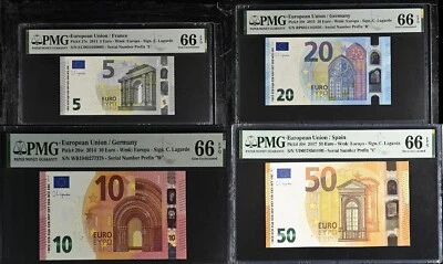 Euro Set 4; 5 10 20 50 Euro 2013-2017 P 27 28 29 P 30 Gem UNC PMG 66 EPQ - Image 1 of 4