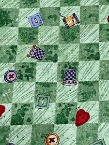 Sewing Quilting Cotton Fabric Debbie Mumm Thimble Buttons Green Check Box Hearts