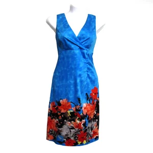 Donna Ricco Womens Sheath Stretch Dress Sz 10 Blue Red Black Floral Print Ruched - Picture 1 of 12