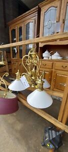 Antique Chandelier Light Fixture Brass With Milk Glass Shades