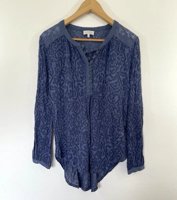 Lucky Brand Womens Paisley Embroidered Henley Knit Tunic Top Size M Blue Boho - Image 1 of 4