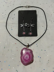 Colgante de piedras preciosas de plata 925 druzy ágata rosa natural con pendientes de libélula - Imagen 1 de 7