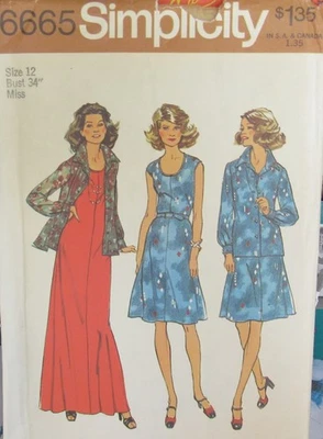 VTG 70s Simplicity 6665 Womens 12 Simple Fit & Flare DRESS / GOWN Jacket Pattern - Image 1 of 2