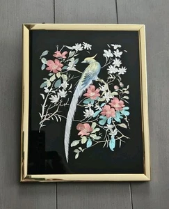 Vtg Floral Exotic Peacock Reverse Foil Tinsel Framed Wall Art USA Hawaii 8"X10" - Picture 1 of 8