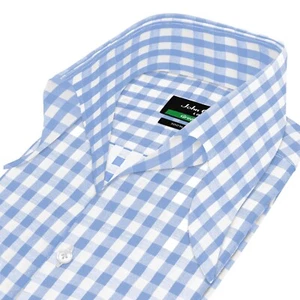 Camisa para hombre John Clothier azul cielo a cuadros de guinga cuello alto abierto con lazo sin botones - Imagen 1 de 9