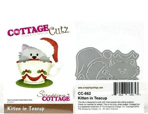 Kitten In Teacup Christmas Holly Berry Saucer Kitty Cat CottageCutz Metal Die - Picture 1 of 1