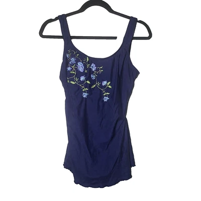 Slim Allure Womens Navy Blue Floral Embroidered One Piece Swimsuit Size 12 Beach - Image 1 of 4