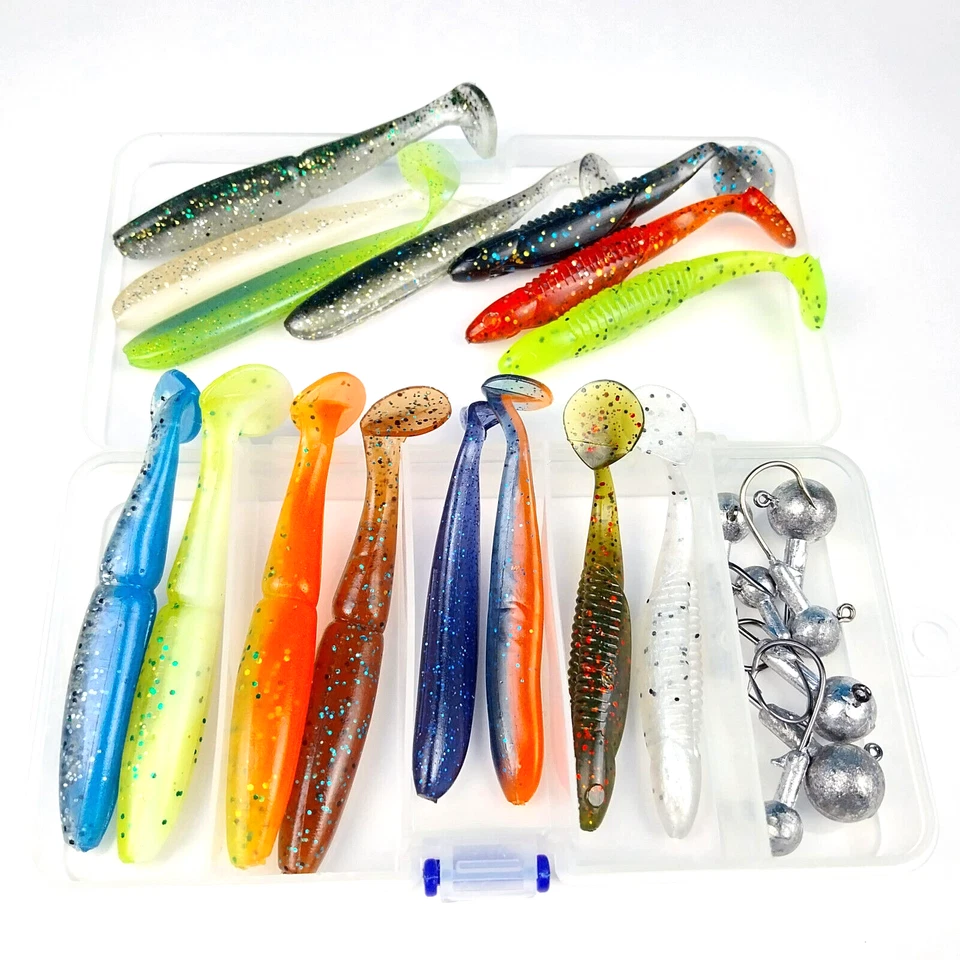 15 SHADS / 7 JIGKÖPFE Hecht Zander Dorsch Set Shad Spinn Angel Köder Jig Box - Bild 1 von 1