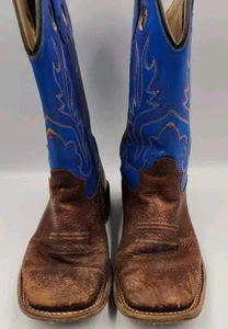 Old West Kids Brown Blue Leather Western Boot Square Toe SZ 10 Style BSC1840 - Picture 1 of 10