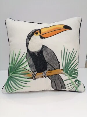 Pier One Embroidered Toucan Bird Pillow Colorful Square White Tropical Palm 17" - Image 1 of 4