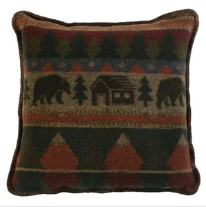 Wooded River Cabin Lodge Bear Wool Blend Throw Pillow 20x20, New Made in the USA - Picture 1 of 5