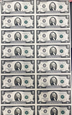 Uncut Sheet of 16 $2 Bills from 1995 Series Uncirculated F99219913A-F99594913A - Image 1 of 2