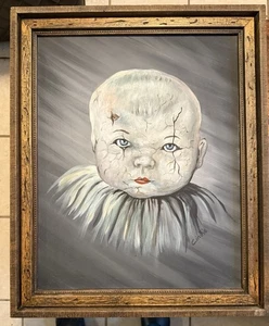 Original OOAK Acryl Gemälde Makaber Gebrochen Puppe Gesicht Halloween - Bild 1 von 12