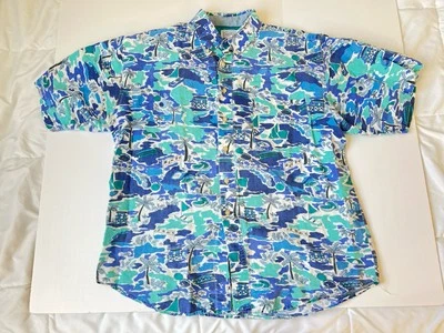Vintage 90s Bugle Boy Graphic Print Casual Shirt Size Large Beach Ramie Cotton - Image 1 of 4