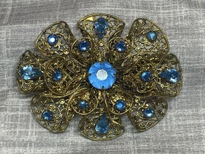 Vintage Czechoslovakia Signed Blue Glass Crystals in Bronze Filigree Brooch - Picture 1 of 6