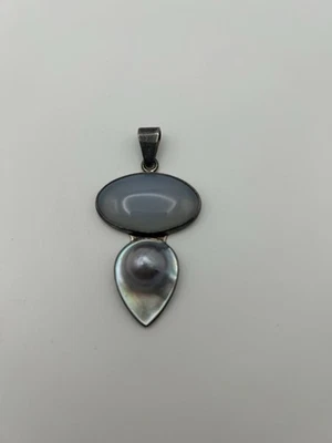 Large Obsidian Brand Sterling Silver Blue Chalcedony & Blister Pearl Pendant - Image 1 of 4