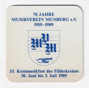 Bierdeckel 70 Jahre Musikverein Musberg 1989 Filderkreis Dinkelacker Stuttgart - Picture 1 of 2