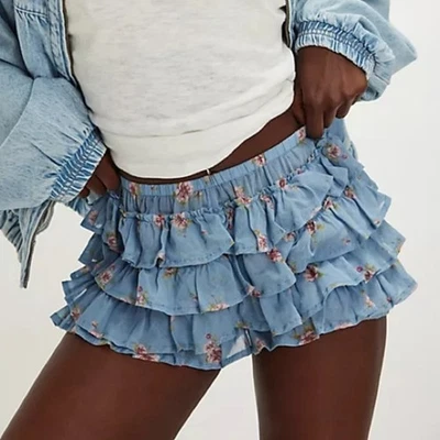Nuevo con etiquetas Pantalones Cortos Free People con Volantes Bloomer Para Mujer Grande Azul Floral Coqueta Foto 1 de 4