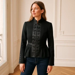 BCBGMaxAzria Wool Peplum Satin-Trimmed Military Jacket Black - Picture 1 of 12