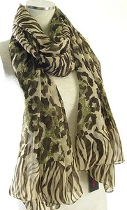 ECHO DESIGN Green/Brown Chiffon Zebra Leopard Print Wrap Scarf - Picture 1 of 2