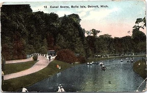 1916 Postcard Canal Scene Belle Isle Detroit Michigan MI People Canoes Park - Picture 1 of 2