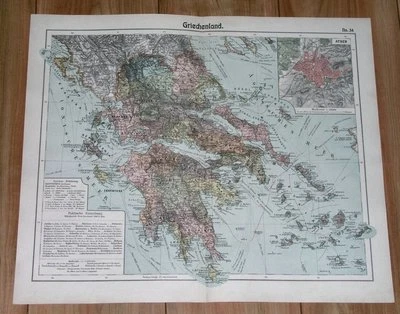 1905 ORIGINAL ANTIQUE MAP OF GREECE AEGEAN SEA / ATHENS INSET MAP / TURKEY  - Image 1 of 4
