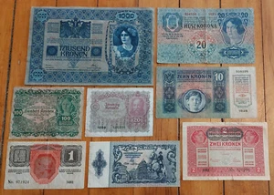 1902-1950 AUSTRIA 8 Note WWI WWII 1000 100 20 10+ Kronen Lot Currency Collection - Picture 1 of 2