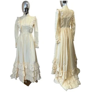 Vintage 70s Rare Prairie Victorian Wedding Dress Women Size XS Cream Ruffle Maxi - Bild 1 von 16