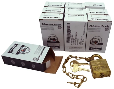 Lot (10) Master Lock DG Commercial Brass Military Padlocks w/Chain - Keyed Alike