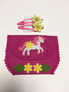Handmade Girl's Felt Purse 10cm x 7 cm Pony + Hair Clips Age 3+ Stocking stuffer - Picture 1 of 2