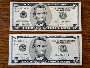 TWO CONSECUTIVE STAR $5 2003 Fancy Serial # Federal Reserve - Picture 1 of 2
