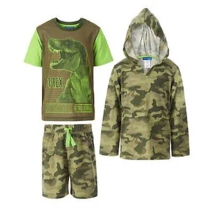 NEW Boys Saint Eve 3 Pc Dinosaur Camo Pajamas Set Top Shorts Hoodie NWT 14 16 L - Picture 1 of 8