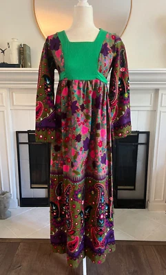 Maxi Vestido Vintage Para Mujer Años 60/70 Boho Hippie Festival Paisley Talla S/M Foto 1 de 4