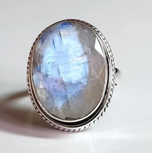 RAINBOW MOONSTONE NATURAL GEMSTONE 925 STERLING SILVER HANDMADE JEWELRY RING  - Picture 1 of 5