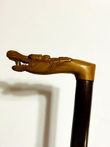 Rare & Unique VTG Wooden Hand Carved Walking Cane Red Eyes Dragon Stick Handle. - Picture 1 of 18