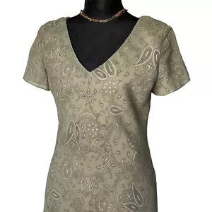 Vintage Paisley Print Maxi Dress V-Neck Short Sleeves Bandana Olive Green 90s y2 - Picture 1 of 11