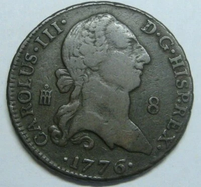 1776 SEGOVIA 8 MARAVEDIS CHARLES III SPANISH COLONIAL ERA COPPER COIN - Image 1 of 2