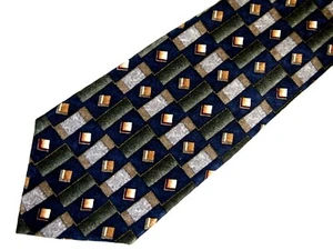 Stafford Mens Necktie Tie Navy Blue Green Grey Beige Geometric 59" - Picture 1 of 4